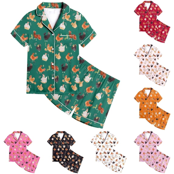 FYDUU Girls Pajamas Animal Chicken Printed Short Sleeve Button Down Shirt Shorts Set Kids Sleepwear Loungewear 2 Piece Outfits 4-5 Years