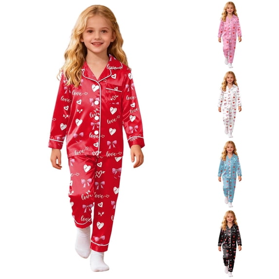 FYDUU Girls Pajamas Bow Printed Long Sleeve Button Down Shirt and Pants Soft Sleepwear Kids Nightwear Fall Loungewear Sets 12-13 Years