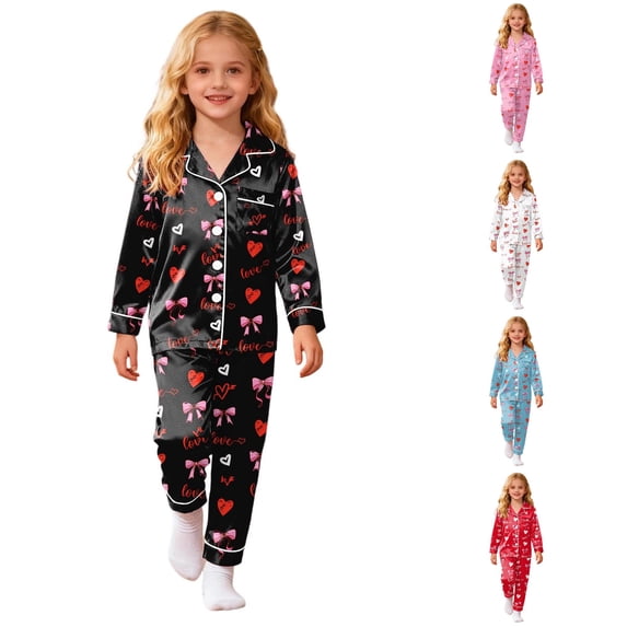FYDUU Girls Pajamas Bow Printed Long Sleeve Button Down Shirt and Pants Soft Sleepwear Kids Nightwear Fall Loungewear Sets 12-13 Years