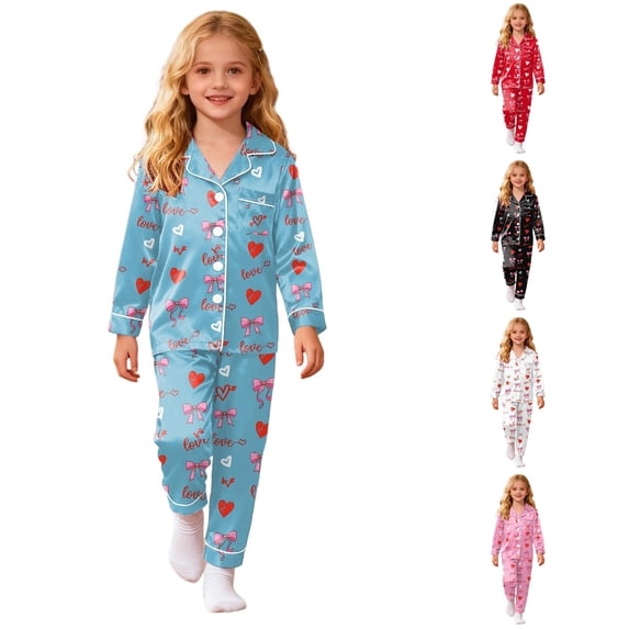 FYDUU Girls Pajamas Bow Printed Long Sleeve Button Down Shirt and Pants Soft Sleepwear Kids Nightwear Fall Loungewear Sets 4-5 Years
