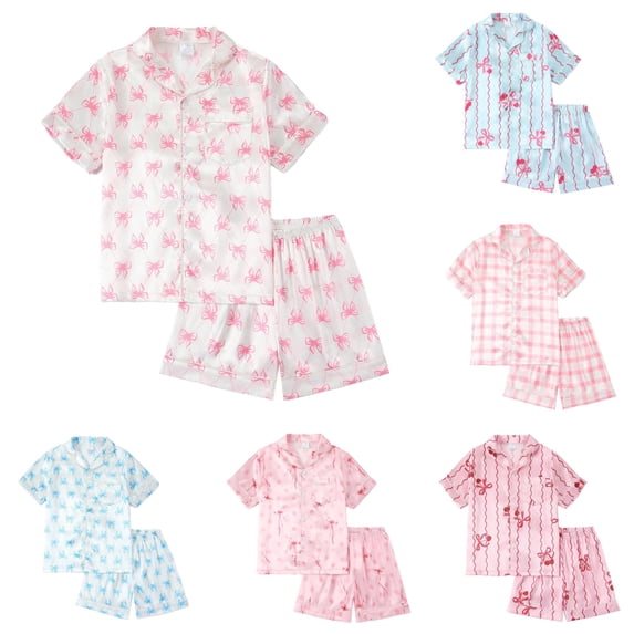 FYDUU Girls Pajamas Bow Printed Short Sleeve Tops with Shorts Button Down Sleepwear Comfortable Kids Nightwear Daily Loungewear 6-7 Years