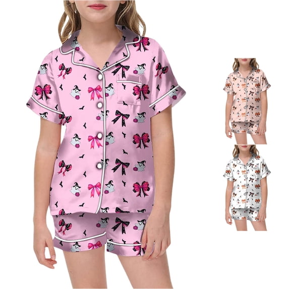 FYDUU Girls Pajamas Children's Halloween Pajama Set 2 Piece Short Sleeve Button Down Shirt and Shorts Soft Sleepwear Outfit 8-9 Years