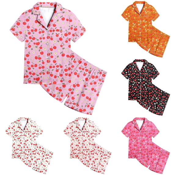 FYDUU Girls Pajamas Set Cute Print Short Sleeve Top and Shorts 2 Piece Sleepwear Loungewear for Kids Comfortable Nightwear Outfit 12-13 Years