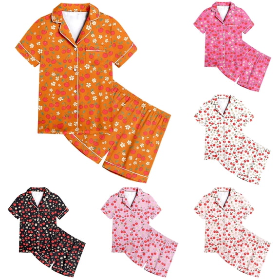 FYDUU Girls Pajamas Set Cute Print Short Sleeve Top and Shorts 2 Piece Sleepwear Loungewear for Kids Comfortable Nightwear Outfit 6-7 Years