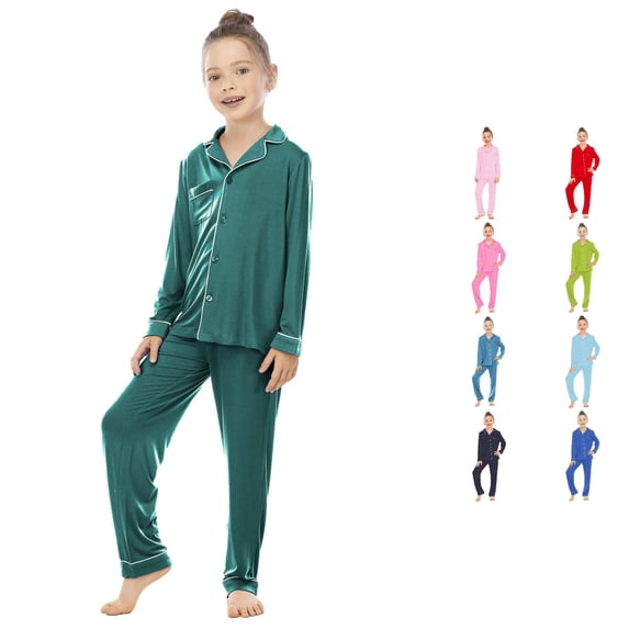FYDUU Girls Pajamas Set Long Sleeve & Pants Button Down Collar Sleepwear Pocket Relaxed Fit Loungewear Nightwear for Little Kids 4-5 Years