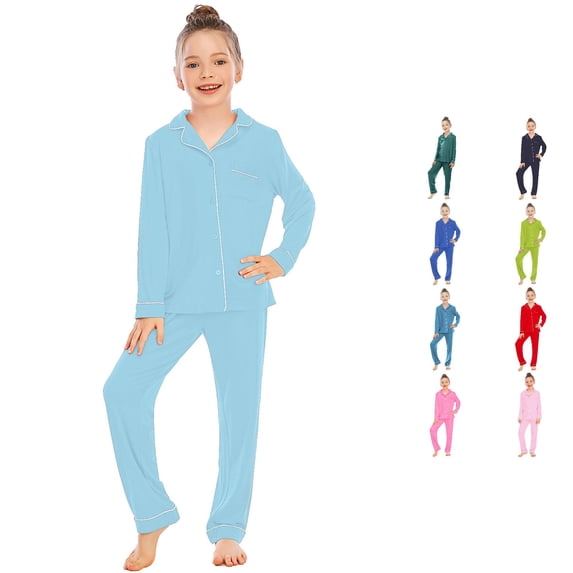 FYDUU Girls Pajamas Set Long Sleeve & Pants Button Down Collar Sleepwear Pocket Relaxed Fit Loungewear Nightwear for Little Kids 4-5 Years