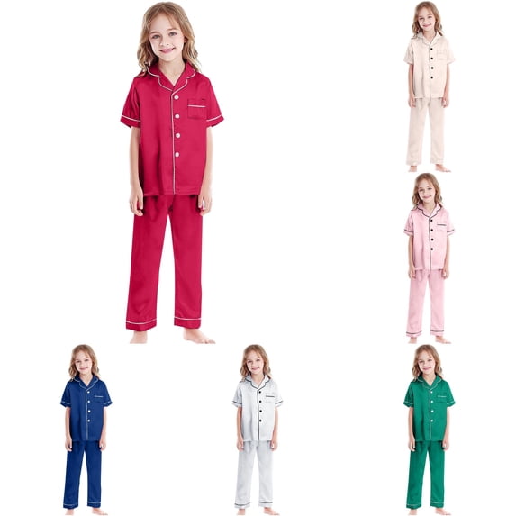 FYDUU Girls Pajamas Set Short Sleeve Long Pants 2 Piece Sleepwear Button Down Loungewear Nightwear Kids Girl Pajama Sets 6-7 Years
