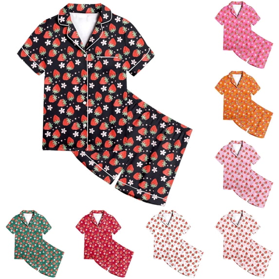 FYDUU Girls Pajamas Strawberry Print Short Sleeve Button Down Shirt and Shorts Set Kids Soft Sleepwear Loungewear Summer Outfit 12-13 Years