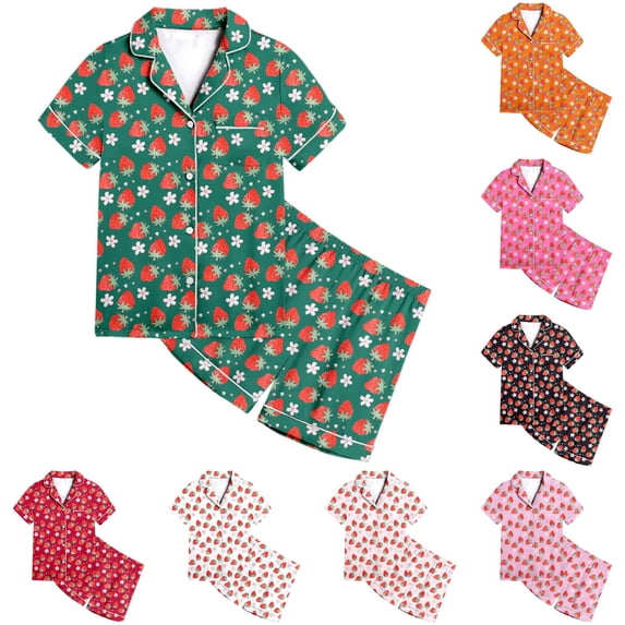 FYDUU Girls Pajamas Strawberry Print Short Sleeve Button Down Shirt and Shorts Set Kids Soft Sleepwear Loungewear Summer Outfit 6-7 Years