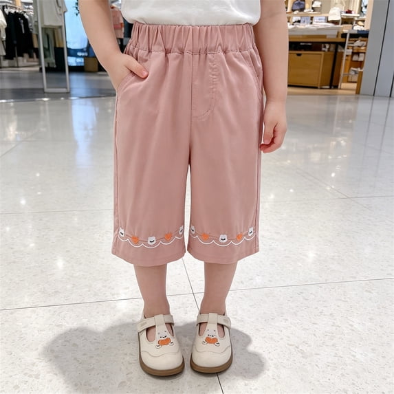 FYDUU Girls Pants Loose Comfortable Capri Pants Elastic Waist Wide Leg Trousers Lightweight Casual Cropped Pants Kids Bottoms Soft Wear 12-24 Months
