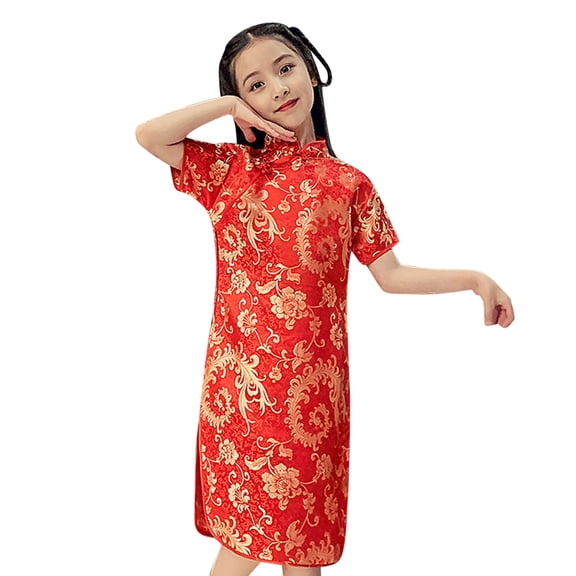 FYDUU Girls Qipao Dress New Year Clothing Traditional Style Floral Short Sleeve Cheongsam Dress Kids Birthday Party Outfits 3-4 Years