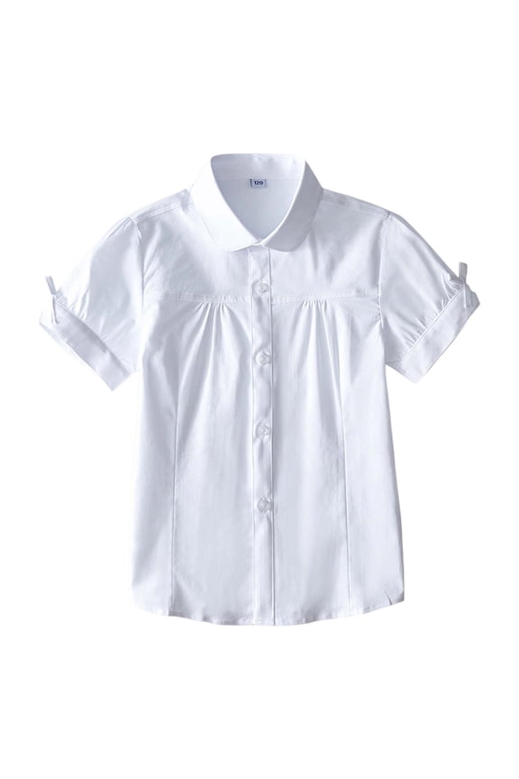 Girls Short Sleeve Button Down Shirts School Uniform Tops Peter Pan Collar Blouse Solid Color Stylish Kids Big Girls Performance Outfit Comfy Versatile