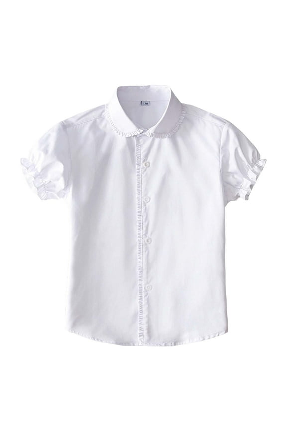 Girls Short Sleeve Button Down Shirts School Uniform Tops Peter Pan Collar Blouse Solid Color Stylish Kids Big Girls Performance Outfit Stylish Comfort