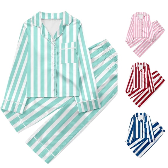 FYDUU Girls Striped Pajamas Set Casual Button Down Lapel Long Sleeve Tops and Pants 2Pcs Pajama Sets Kids Sleepwear Daily Loungewear 3-4 Years