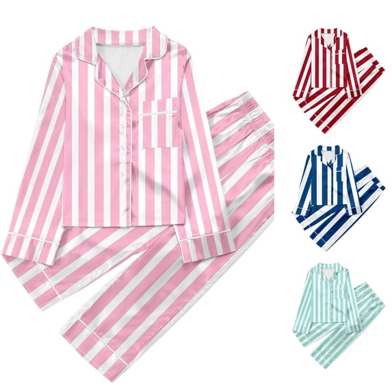 FYDUU Girls Striped Pajamas Set Casual Button Down Lapel Long Sleeve Tops and Pants 2Pcs Pajama Sets Kids Sleepwear Daily Loungewear 7-8 Years