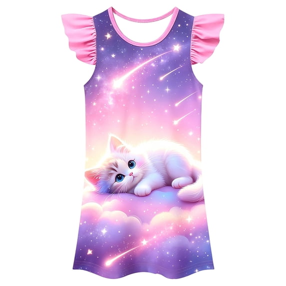 FYDUU Girls Summer Dress Casual Flutter Sleeve Nightgown Summer Casual Cartoon Print Pajamas Dress Soft Princess Nightdress Holiday Party Wear 3-4 Years