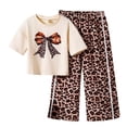 thumbnail image 1 of FYDUU Girls Summer Outfits Set Fashion Leopard Print Bow Short Sleeve T-Shirt Tops And Baggy Pants Two Piece Sets Back To School Clothes 3-4 Years, 1 of 5