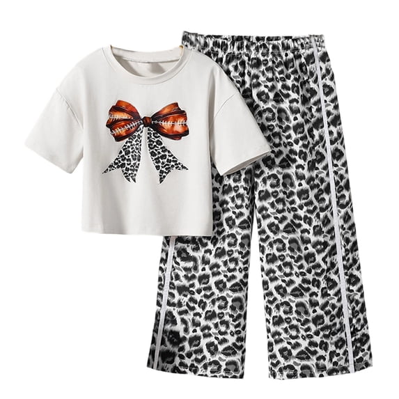 FYDUU Girls Summer Outfits Set Fashion Leopard Print Bow Short Sleeve T-Shirt Tops And Baggy Pants Two Piece Sets Back To School Clothes 5-6 Years