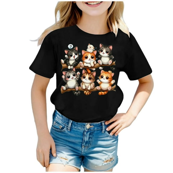 FYDUU Girls Summer Tops Cute Cat Print Short Sleeve Tee Loose Fit Round Neck Casual Shirt For Toddler Kids Comfortable Breathable Adorable Comfort 2-4 Years