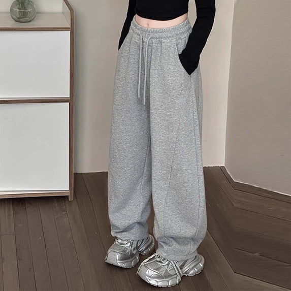 FYDUU Girls Sweatpants Baggy Elastic Waist Drawstring Jogger Pants Solid Color Straight Leg Casual Trousers Loose Athletic Pants Fashion Trousers 14-15 Years