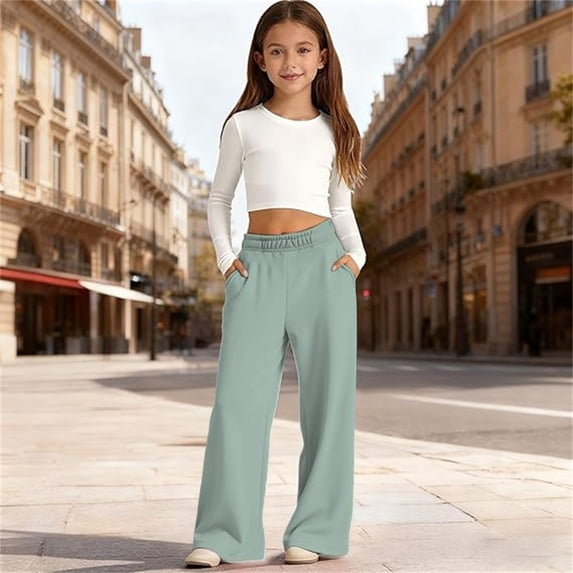 FYDUU Girls Sweatpants Straight Leg Casual Pants Back to School Comfortable Elastic Waist Sweatpant Soft Athletic Joggers for Kids Casual Pant 13-14 Years