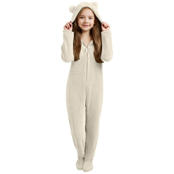FYDUU Girls Zip Up Jumpsuits Kids Footed Onesie Footie Pajamas Winter Warm Hooded Jumpsuit One-Piece Outfit Comfort Sleepwear Homewear Comfort Jumpsuit 3-4 Years