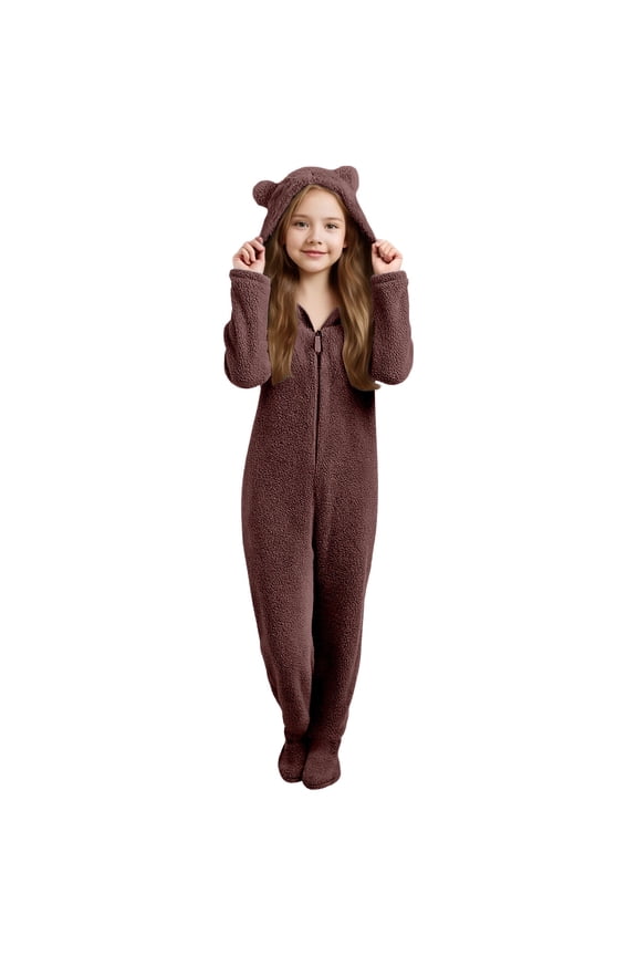 Girls Zip Up Jumpsuits Kids Footed Onesie Fleece Footie Pajamas Winter Warm Hooded Jumpsuit One-Piece Outfit Comfort Sleepwear Homewear Cute Baby Onesies 9-10 Years