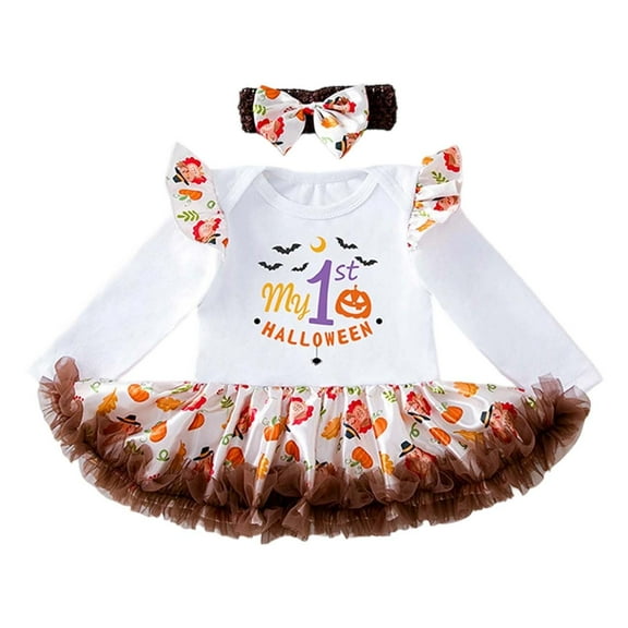 FYDUU Halloween Baby Girl Outfit Set Cute Pumpkin Long Sleeve Dress With Shoes 3 Piece For Toddler Party Holiday Dress Up Cute School Clothes 3-6 Months