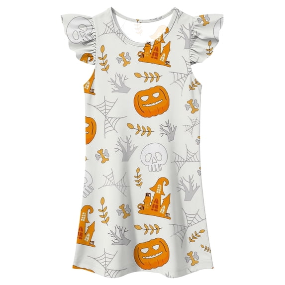 FYDUU Halloween Girls Nightgowns Flutter Sleeve Sleep Shirts Summer Casual Cartoon Print Pajamas Dress Soft Princess Nightdress Sleepwear 7-8 Years
