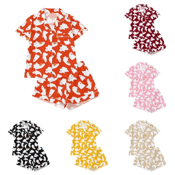 FYDUU Halloween Girls Pajamas Button Down Pajama Sets 2 Piece Short Sleeve Top and Shorts Sleepwear Kids Halloween Holiday Pajama Sets 4-5 Years