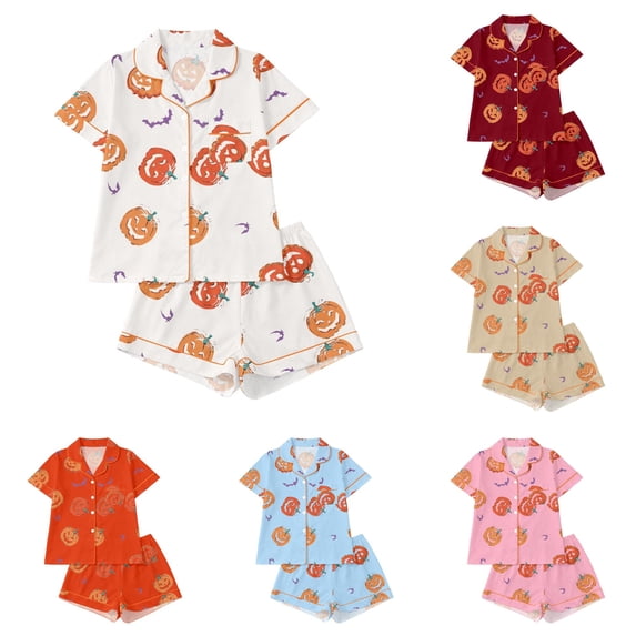 FYDUU Halloween Girls Pajamas Set Pumpkin Print Short Sleeve Top and Shorts Kids Sleepwear Holiday Pajama Sets for Girls Daily Loungewear 9-10 Years