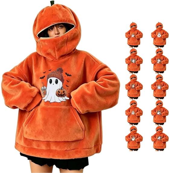 FYDUU Halloween Hoodies for Women Cute Ghost Graphic Pumpkin Hoodie Soft Comfy Fuzzy Hooded Sweatshirt Pullover Festive Outfit
