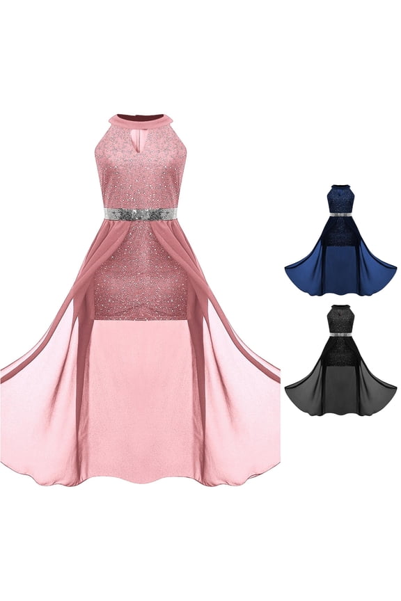 High Low Flower Girl Dress Sequin Girls Dresses High Waist Elegant Halter Neck Party Dress Junior Formal Wedding Pageant Gown 15-16 Years