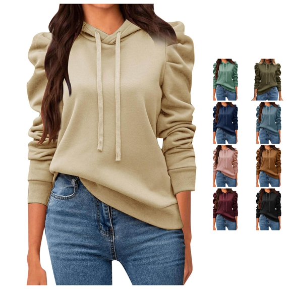 FYDUU Hoodie for Women Casual Long Sleeve Hoodies Drawstring Pullover Sweatshirts Solid Color Fall Fashion Sweatshirt Comfy Tops