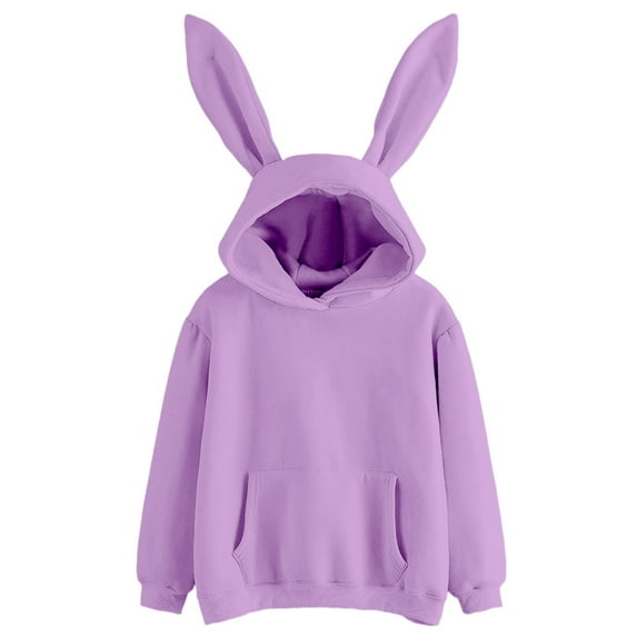 FYDUU Hoodies For Women Cute Rabbit Ear Long Sleeve Solid Color Sweatshirt Pullover Tops Cute Preppy Clothes Blouse Loose Fleece Sweatshirts Purple