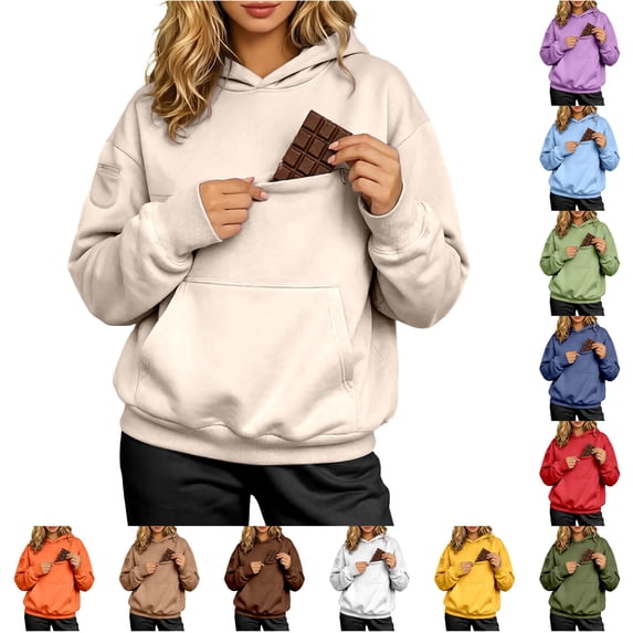 FYDUU Hoodies for Women Cozy Front Pocket Sweatshirt Solid Color Hoodie Pullover Top - Hooded Sweatshirts Womens Fall Winter Clothes