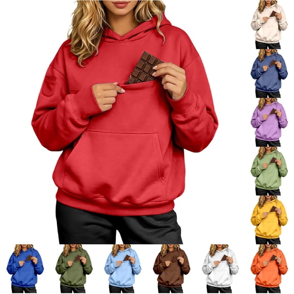 FYDUU Hoodies for Women Cozy Front Pocket Sweatshirt Solid Color Hoodie Pullover Top - Hooded Sweatshirts Womens Fall Winter Clothes