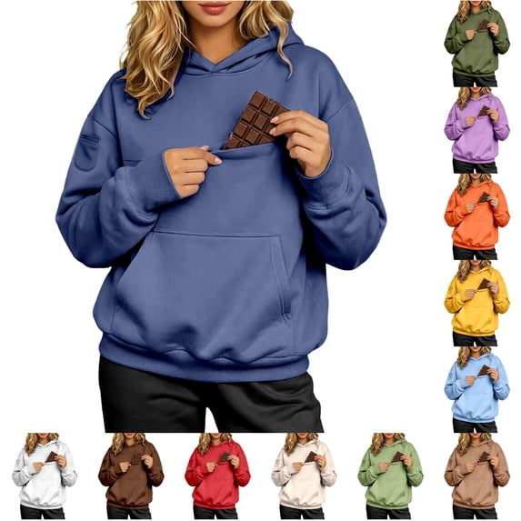 FYDUU Hoodies for Women Cozy Front Pocket Sweatshirt Solid Color Hoodie Pullover Top - Hooded Sweatshirts Womens Fall Winter Clothes