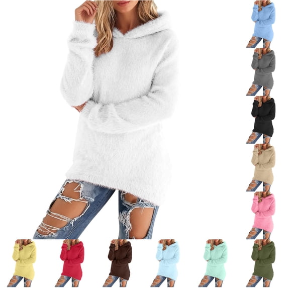 FYDUU Hoodies for Women Solid Color Knit Hoodie Sweaters Cozy Sweatshirt Casual Long Sleeve Pullover Tunic Tops Fall Winter Outfits