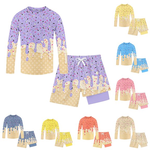 FYDUU Ice Cream Print Boys Swimwear 2 Piece Swim Set Boys Two Piece Swimsuits Long Sleeve Rash Guard Bathing Suit with Swim Trunks for Kids 5-6 Years