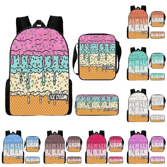 FYDUU Ice Cream School Backpack for Girls School Bag 3 Piece School Backpack Set for Kids Fashion Everyday Back to School Daypack