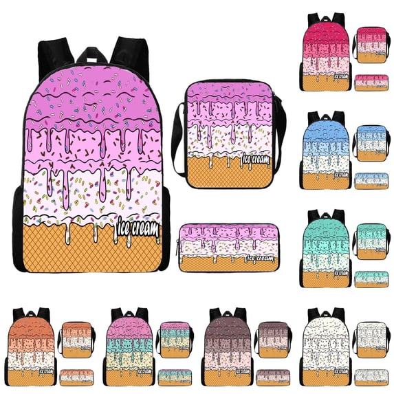 FYDUU Ice Cream School Backpack for Girls School Bag 3 Piece School Backpack Set for Kids Fashion Everyday Back to School Daypack
