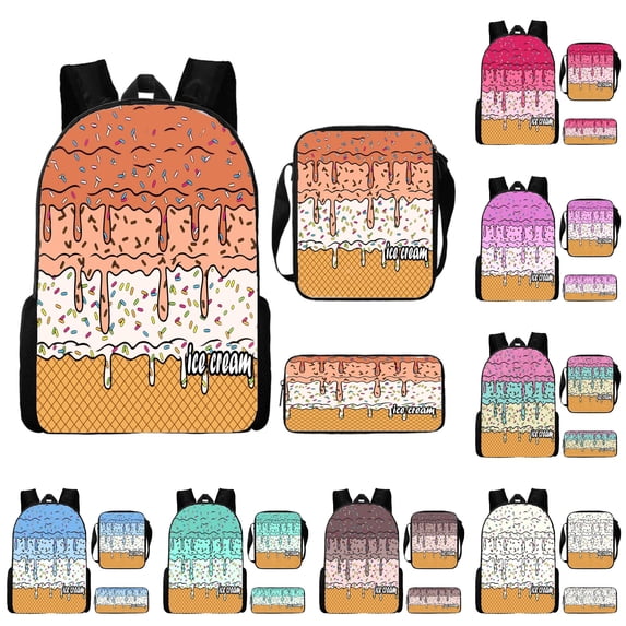 FYDUU Ice Cream School Backpack for Girls School Bag 3 Piece School Backpack Set for Kids Fashion Everyday Back to School Daypack