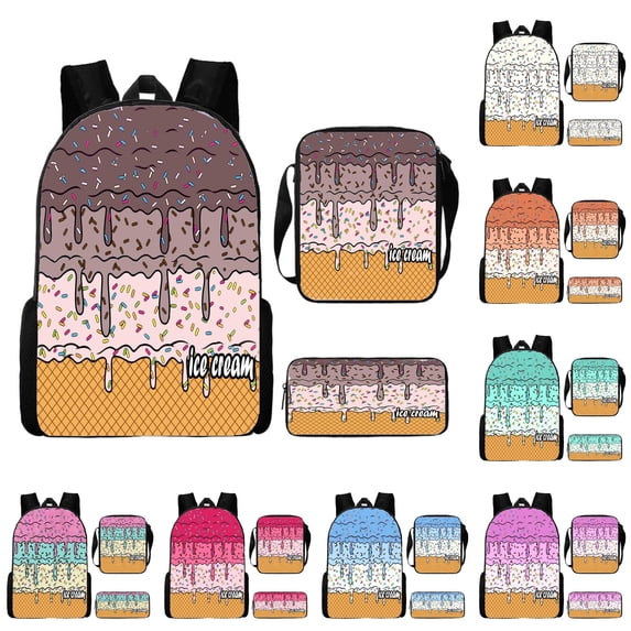 FYDUU Ice Cream School Backpack for Girls School Bag 3 Piece School Backpack Set for Kids Fashion Everyday Back to School Daypack