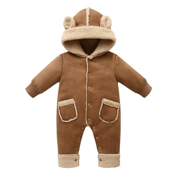 FYDUU Baby Boys Girls Long Sleeve Hooded Romper Jumpsuit Button Warm Rompers Jumpsuits Onesies Outwear Solid Color Boys Outfits Cute Kids Clothes 6-12 Months