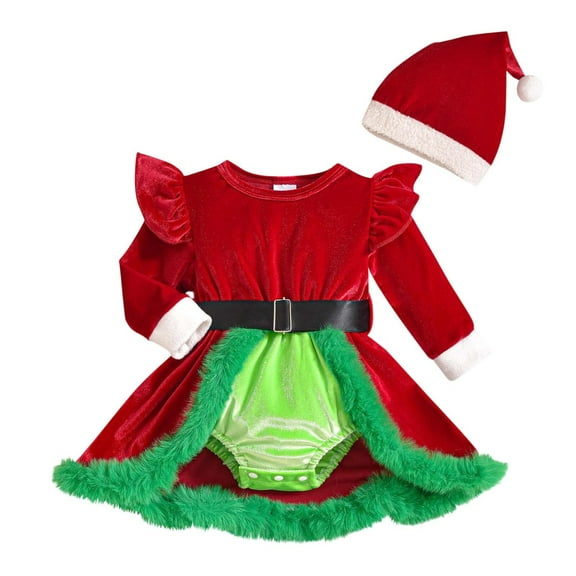 FYDUU Infant Baby Girl Christmas Outfit Santa Romper Dress Red Velvet Long Sleeve Xmas Princess Dresses With Matching Hat 2 Piece Holiday Party Wear 0-3 Months