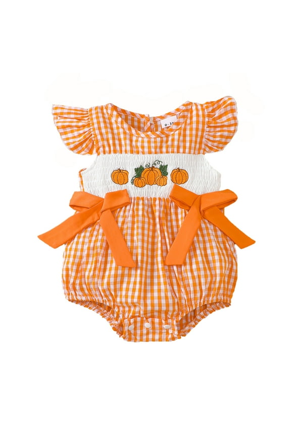 Baby Girl Halloween Outfit Pumpkin Embroidery Plaid Smocked Romper Flutter Sleeve Onesies Bodysuits One-Pieces Adorable Trendy 0-3 Months