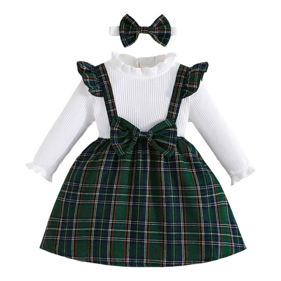 FYDUU Baby Girls Dresses Long Sleeve Striped Plaid Bow Decorated Dress With Headband Set For Casual Beach School Party Outfit Cute Kids Clothes 9-12 Months