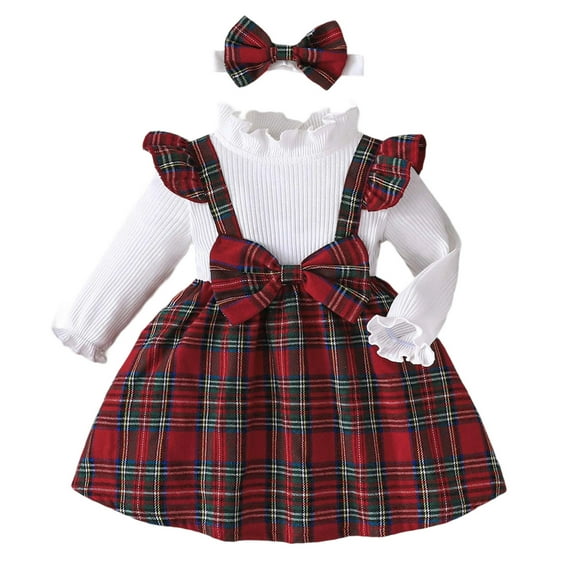 FYDUU Baby Girls Dresses Long Sleeve Striped Plaid Bow Decorated Dress With Headband Set For Casual Beach School Party Outfit Stylish Elegant 12-18 Months