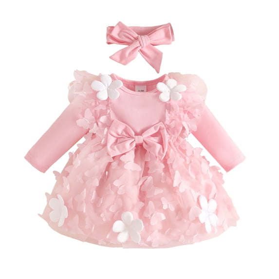 FYDUU Baby Girls Long Sleeve Holiday Party Floral Dress Dance Party Dress Headbands Set Dresses Casual Sundress Vintage Halloween 0-3 Months